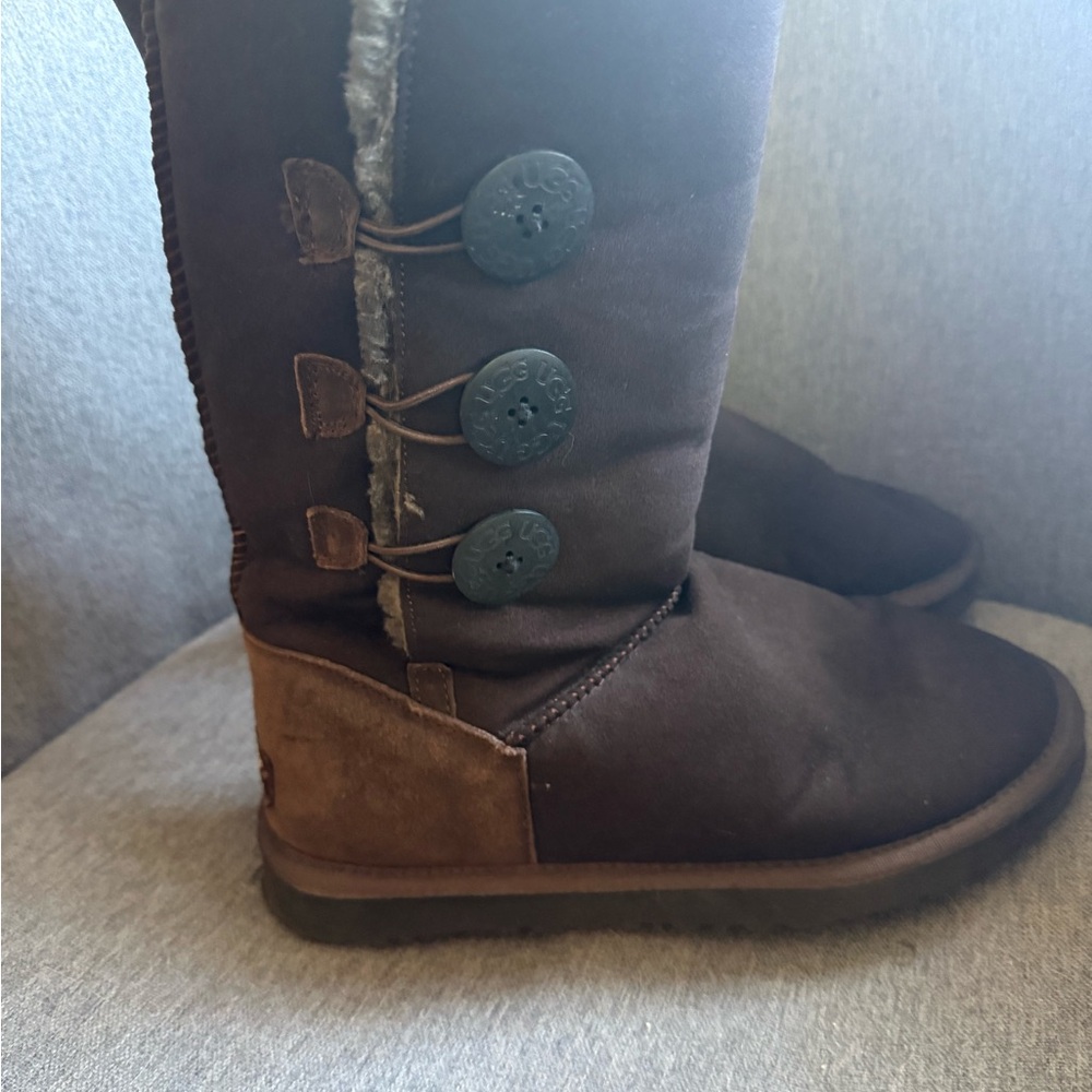 UGG Chocolate Brown Button Mid-Calf Shearling Boots